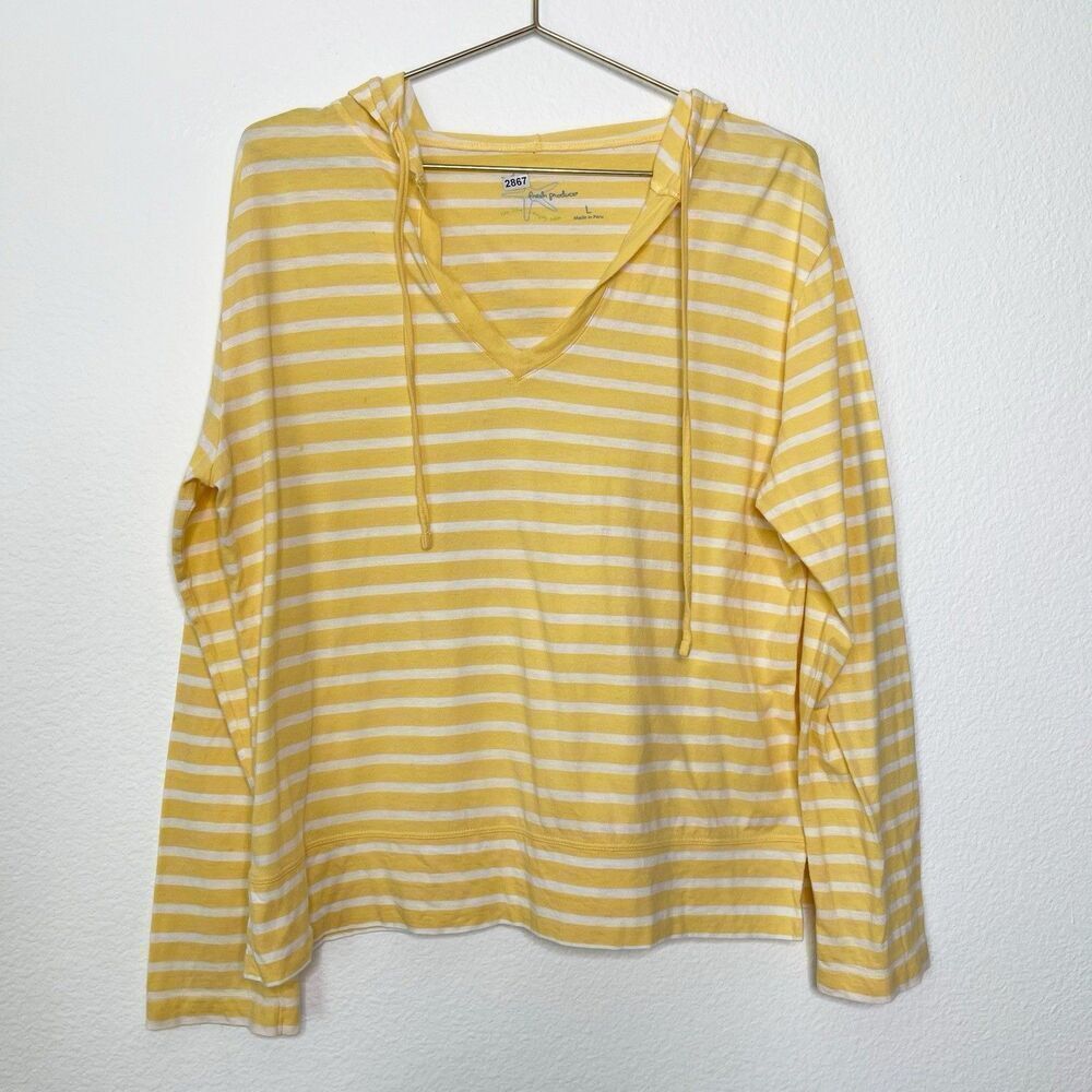 FRESH PRODUCE Striped Top Large Hoodie Pullover Lightweight Butter Yellow Beach